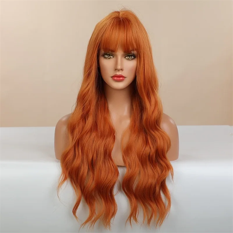 Women's Orange Synthetic Wig with Air Bangs - Long Curly Hairpiece for a Quick Style Transformation