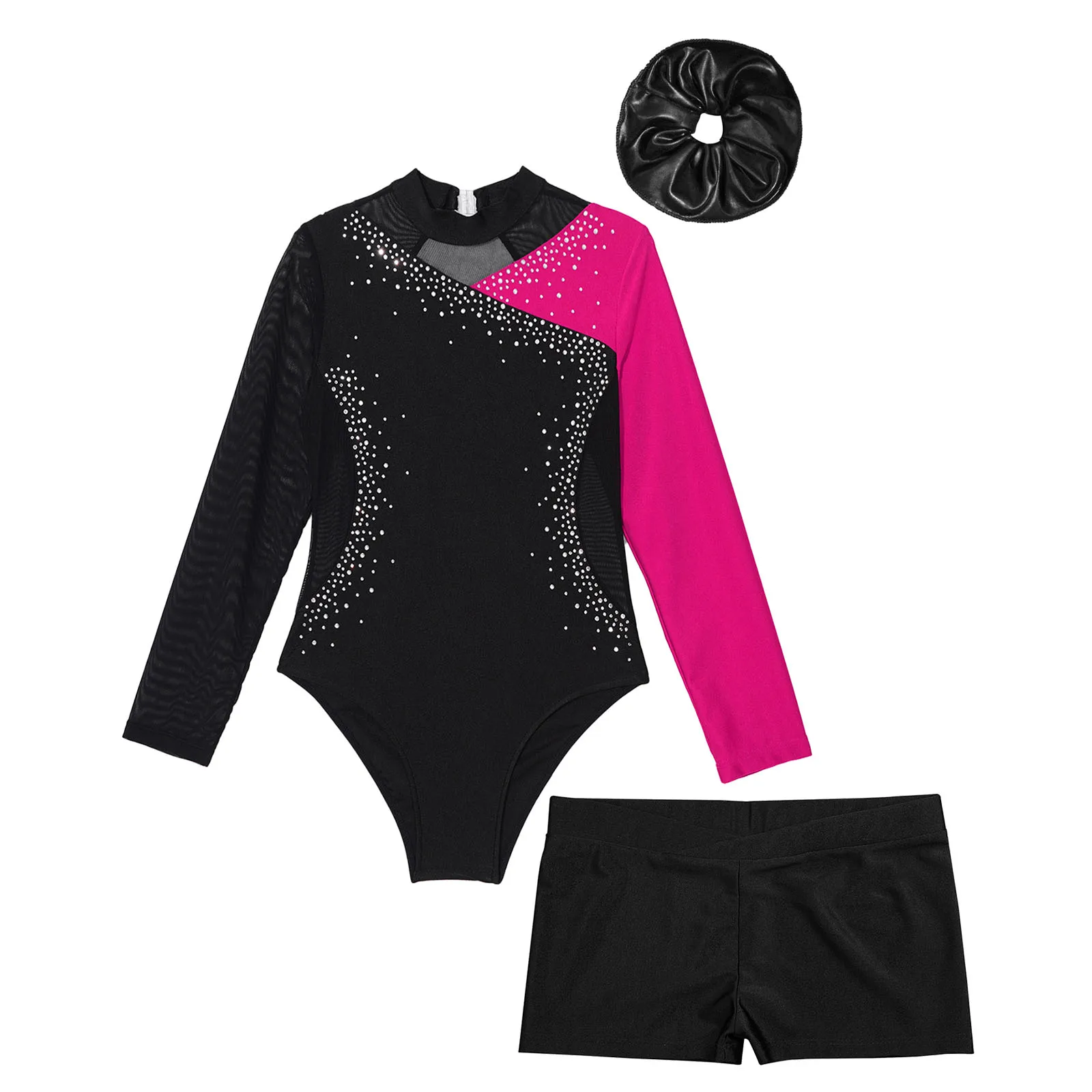 Kids Girls Gymnastics Bodysuit Outfit Shiny Colorblock Long Sleeve Skating Jumpsuit Children&rsquo;s Tutu Ballet Leotard with Shorts