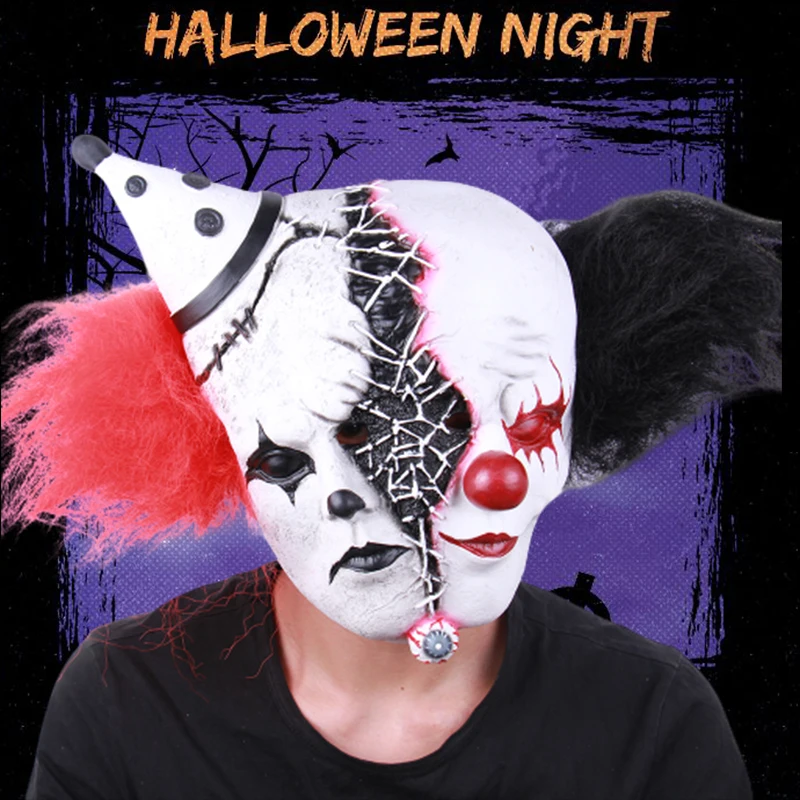 Double Head Clown Mask Cosplay Scary Role Horror Joker Latex Full Face Helmet Halloween Masquerade Party Headwear Costume Prop