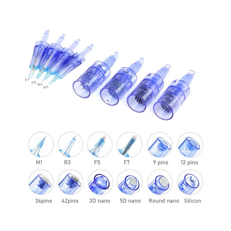 Blue Needle Cartridge A6 M7 N2 MYM Derma Pen Microneedling Tip 100/50/5 1/3/5/7/12/24/36/42/Nano Dr Pen Replacement Cartridges