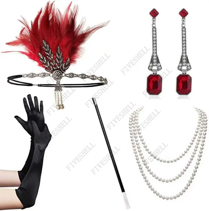 

20s Retro Women Great Gatsby Party Costume Accessories Set 1920s Flapper Accessories Feather Headband Glove Cigarette Holder Set