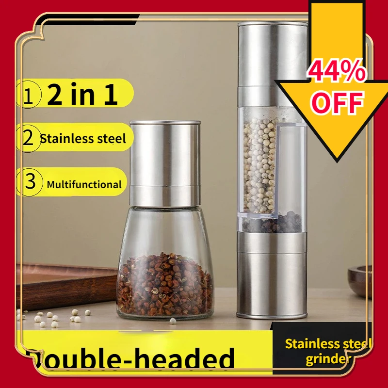 Dual Purpose Pepper Grinder Stainless Steel Double Head Kitchen Tools Sea Salt & Black Pepper Spice Manual Double Head Grinder