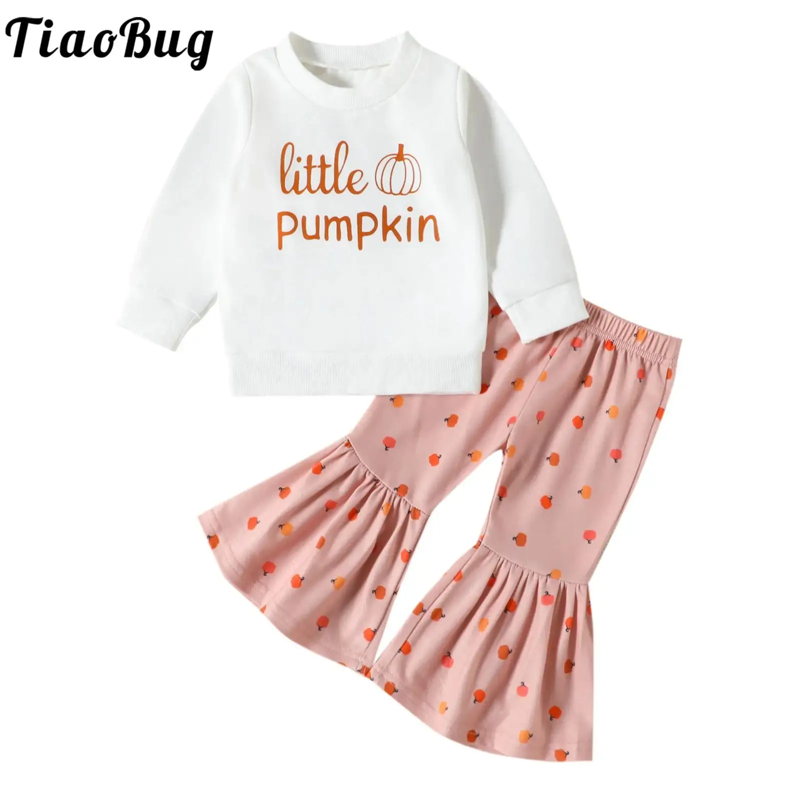 

Toddler Baby Girls Pumpkin Printed Halloween Party Outfits Long Sleeve Sweatshirt Tops with Bell-Bottomed Pants Fall Clothes Set
