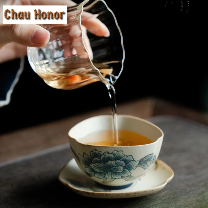 100ml Blue And White Flint Red Tea Cup Handmade Gold Drawing Peony Flower Tea Bowl With Saucer Kit Personal Master Cup Drinkware