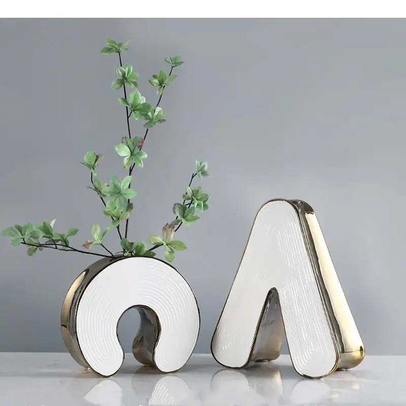 

Ceramic Vase Letter Geometry Abstract Golden Ceramic Handicraft Ornaments Flower Arrangement Modern Home Decoration Vases