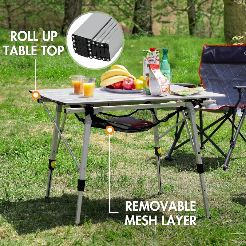 Outdoor Folding Portable Picnic Camping Table with Adjustable Height Aluminum Roll Up Table Top Mesh Layer, Silver