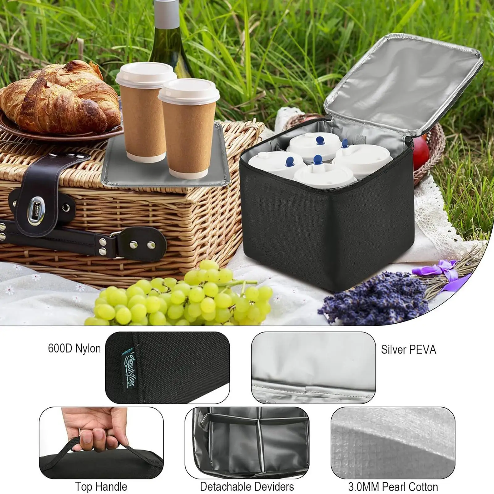 Cooler Bag Insulated Reusable Grocery Shopping Bag with Removable Partition Zipper Closure Thermal Drink Pouch for BBQ Party