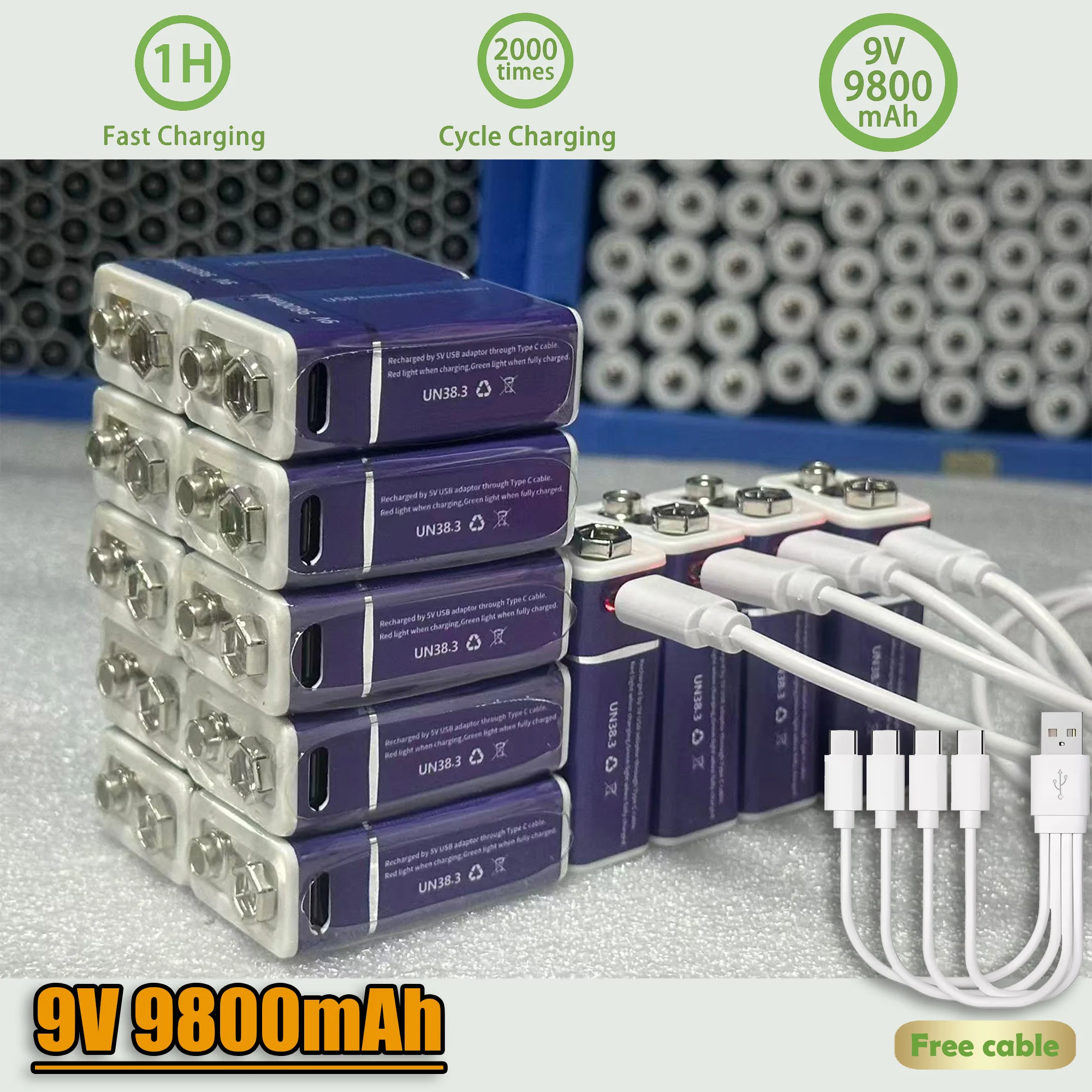High-Capacity 9V Li-ion Rechargeable Battery with Type-C Charging Port