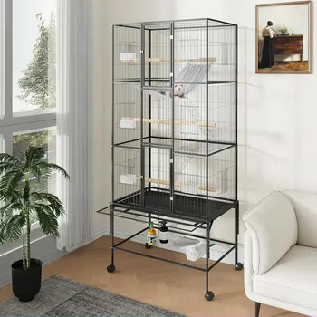 Large Metal Bird Cage with Wheels, Rolling Birdscage with Pull Out Tray, Bowl and Support Rods, Parrot Bird Cage for Cockatiel