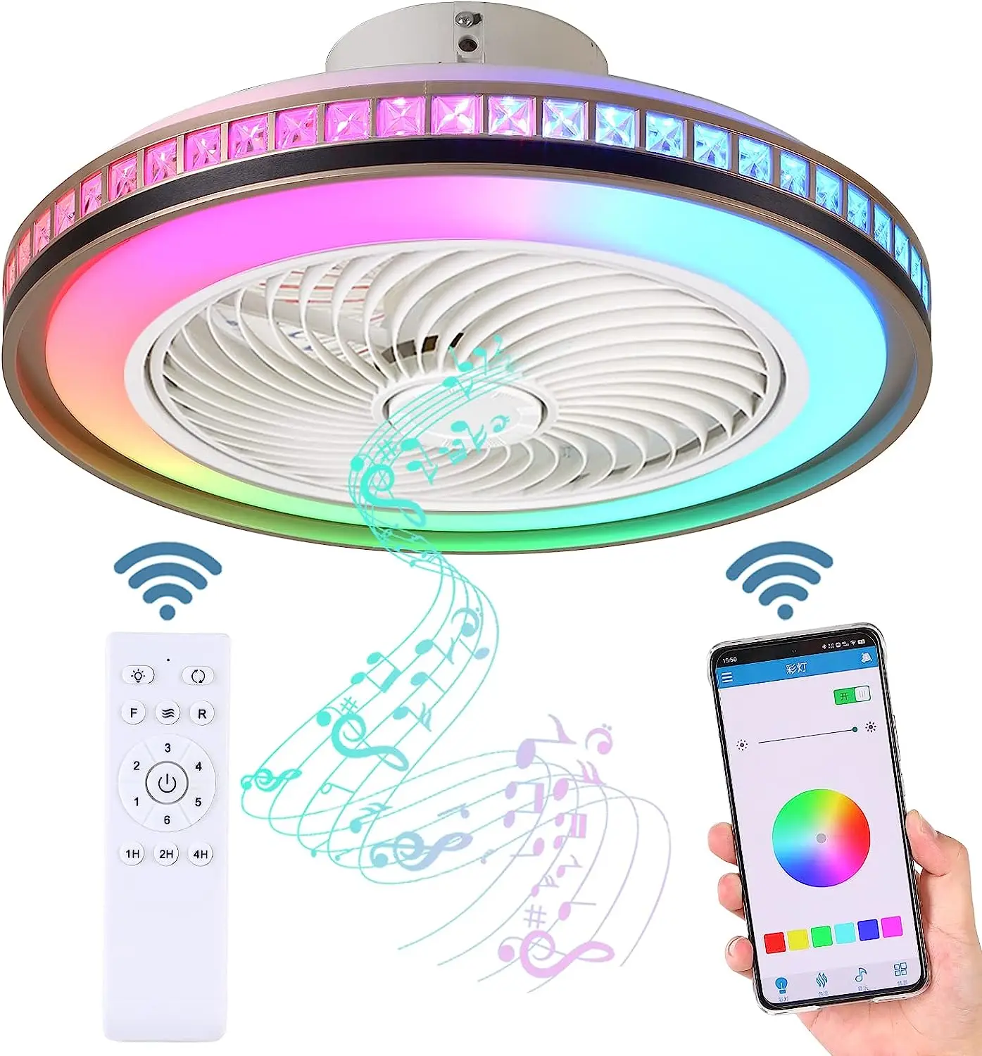 CANEOE Ventilatore Da Soffitto Con Luce RGB E Altoparlante Bluetooth: 50cm, Telecomando, 6 Velocità