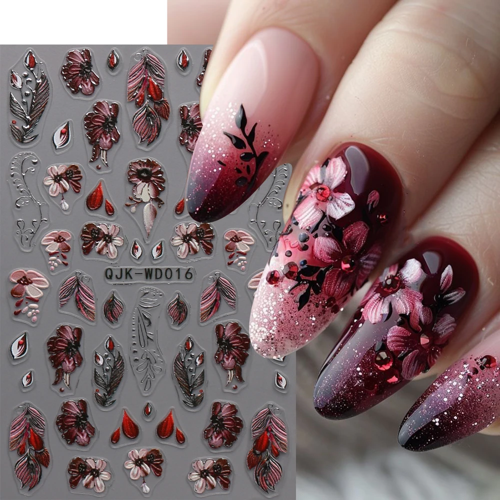 1pcs 검은 꽃 3D 네일 아트 스티커 진한 빨간색 꽃무늬 고딕 나비 양각 디자인 네일 데칼 DIY 매니큐어 장식