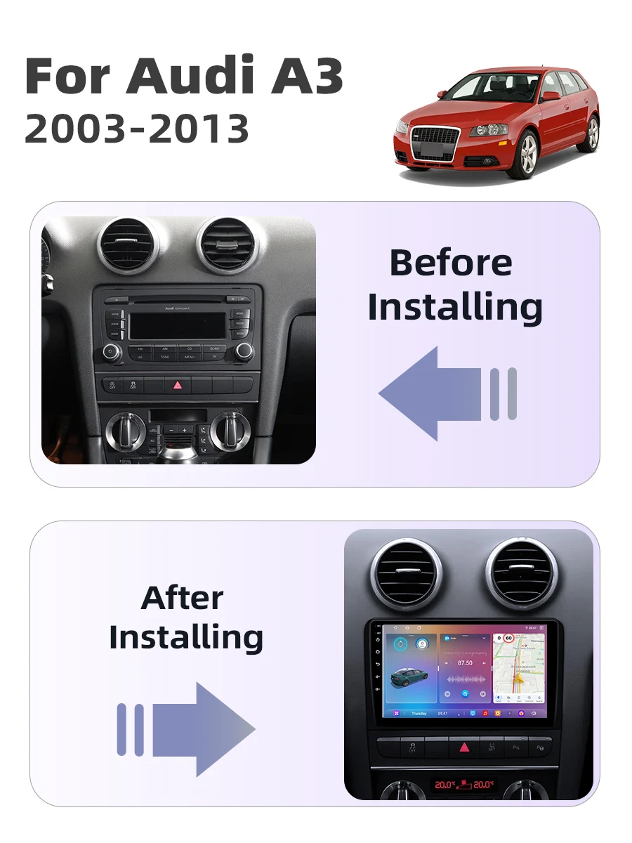Srnubi 2-DIN Kabelloses CarPlay Android Auto Autoradio für Audi A3 8P 2003 2004 2005 2006 - 2013 GPS RDS Multimedia-Systeme Stereo – Detail 1