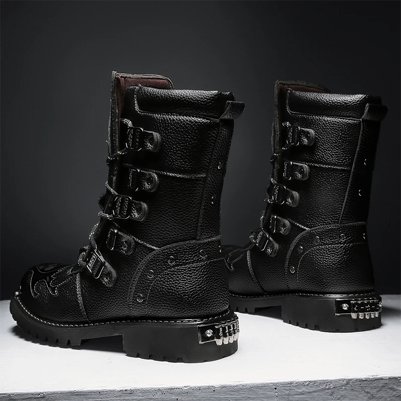 Black Leather Men's Platform Ankle Boots Square Toe Lace Up Shoes_voghion.com
