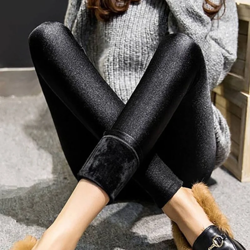 

Autumn Winter Glossy Pants Stepped Feet Plush Womens Outerwear High Waisted Small Foot Long