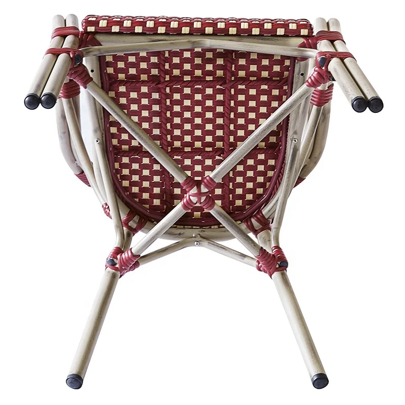 Stackable French Red Patio Cafe Wicker Dining Armchairs Furniture Outdoor Garden Aluminum Rattan Bistro Chairs