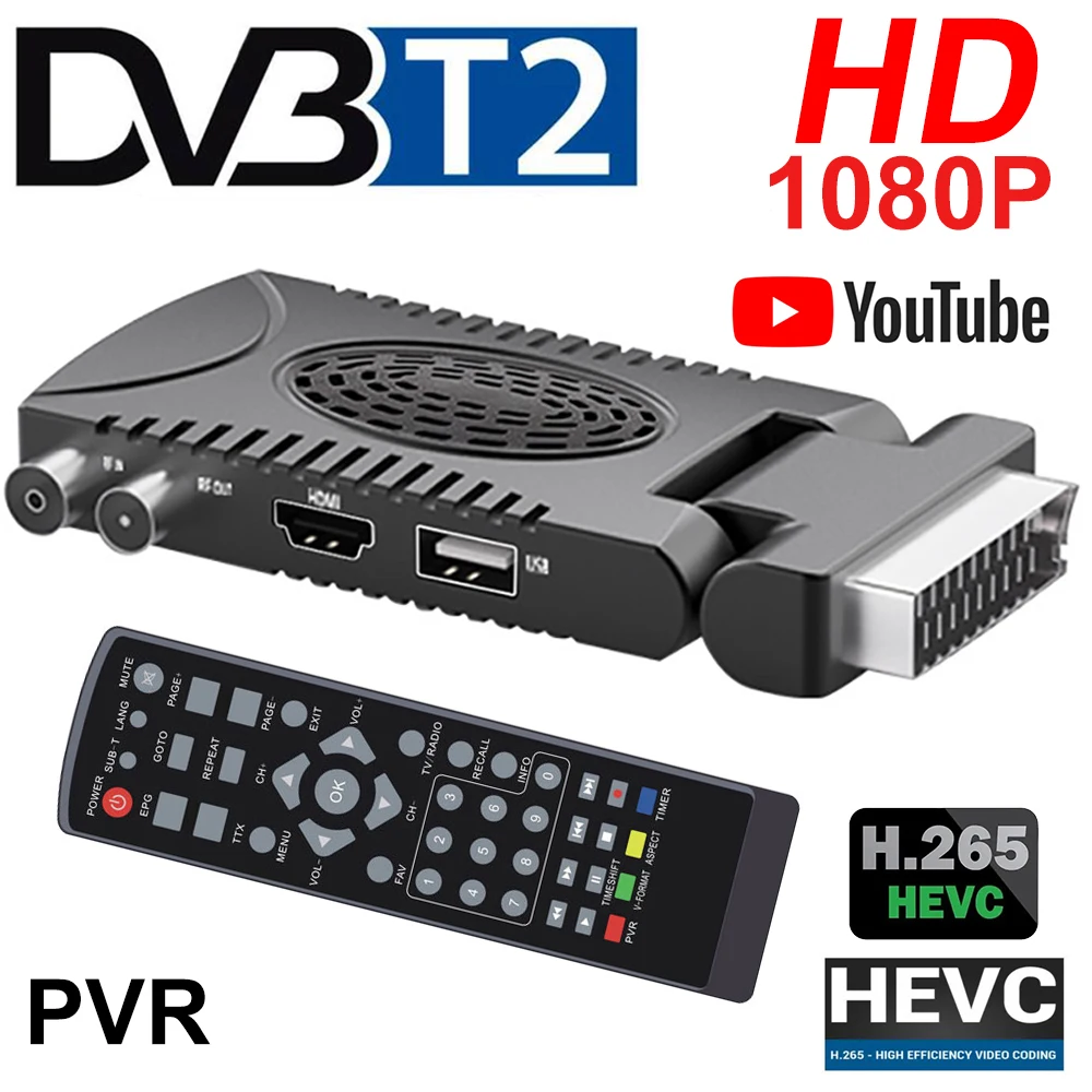 digital tv decoder DVB T2 H.265 HD Digital DVB-T2 Scart Spain TDT European Terrestrial TV Receiver HEVC 265 DVB T2 1080p HD Decoder EPG Set Top Box