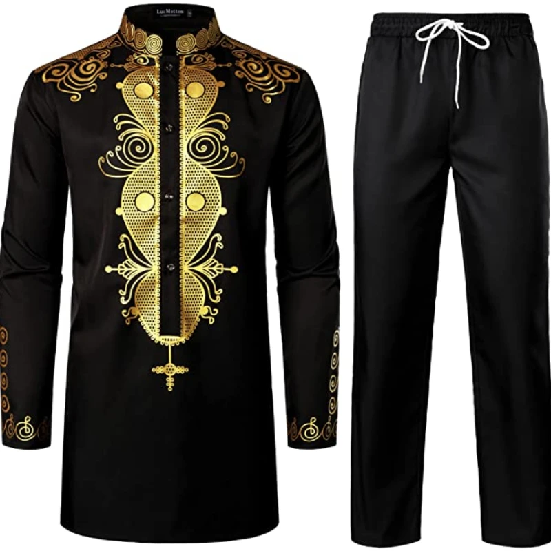 

High necked luxury geometric print casual men's robe two-piece set in black and gold