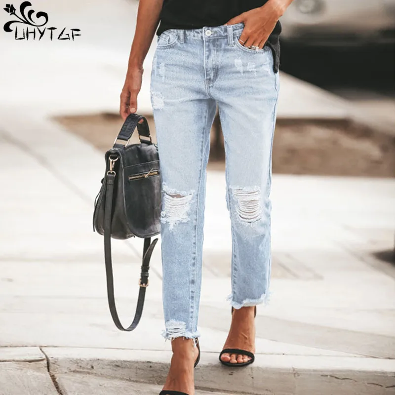 

UHYTGF Ripped Jeans For Women's Clothing Spring Summer Fashion Raw Edge Street Wear Straight Wash Female Denim Nine-Point Pants
