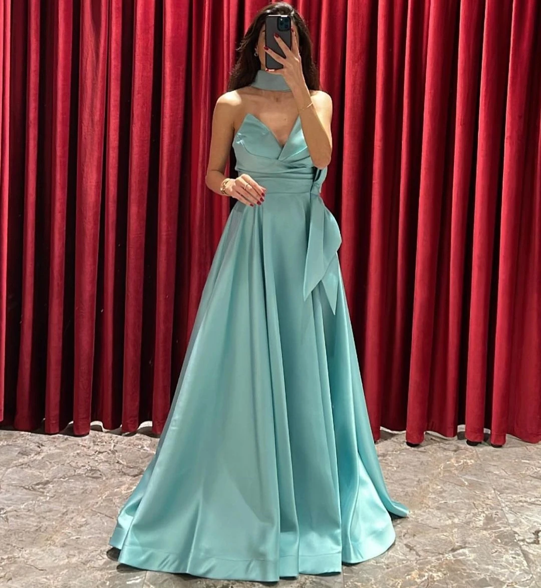 

VD Sweetheart Evening Dresses Bigh Bow Ruched A Line Long Elegant Prom Party Ladies Dress Summer Wear Formal Occasion Gowns