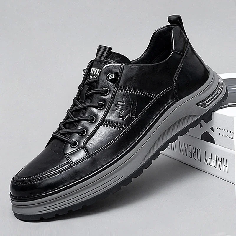 Genuine Leather MEN'S lace up casual sneakers new trendy chunky man vulcanized shoes comfy all-match male skateboard footwear 3