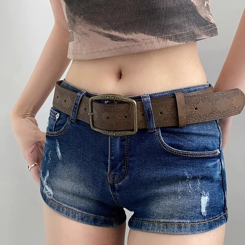 1pc Brown Floral Embossed Belt, Vintage American Y2K Style