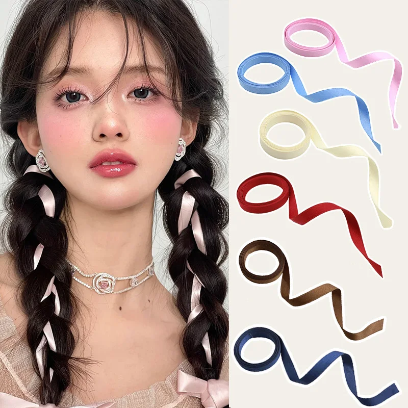 Colorful Braided Ribbon Hair Band Ribbon Silk Hair Tie Headband Female Bow Twist Hair Rope Ponytail Holder Hair Accessories 2m