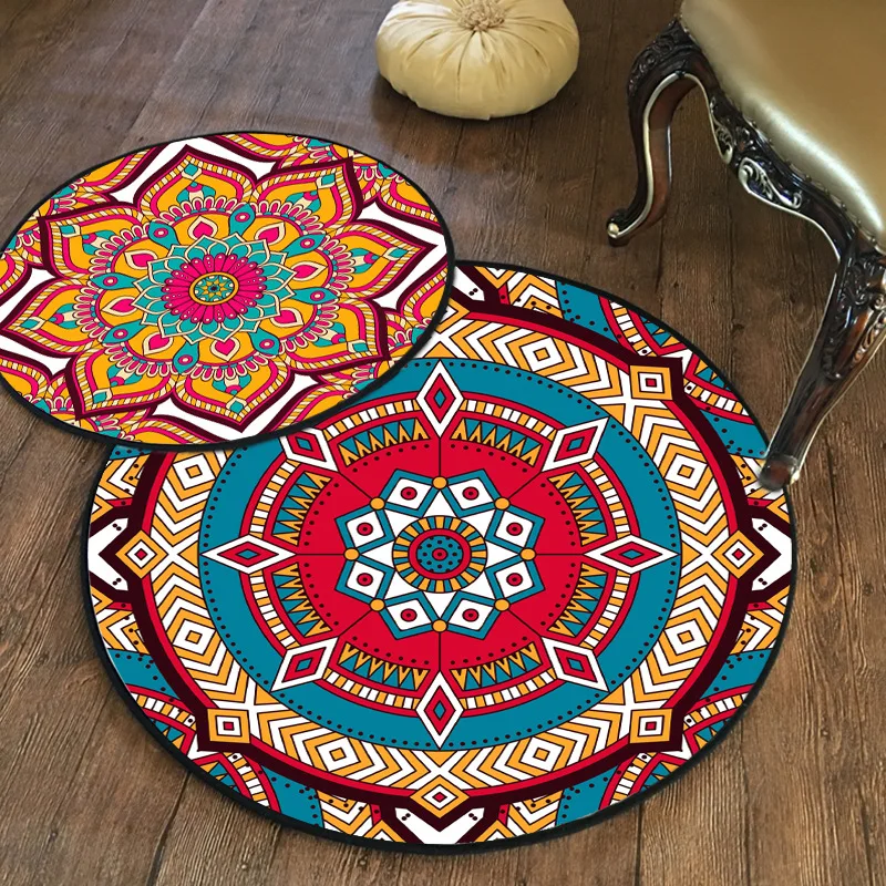 

American Mandala Pattern Round Rug Turkish Vintage Geometric Print Home Decorative Carpet Bedroom Non-slip Absorbent Floor Mats