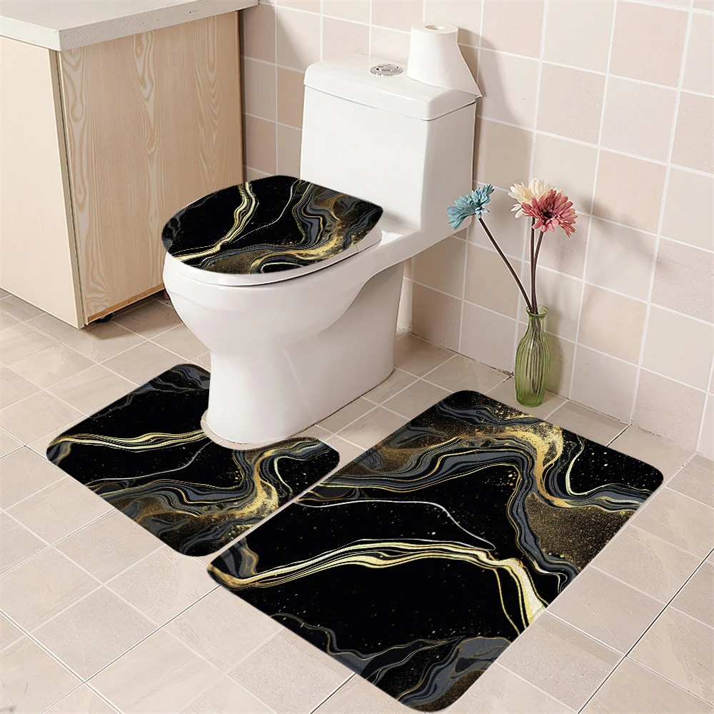 3pcs Marble Bath Mat Set Black Gold Grey Abstract Art Stone Texture