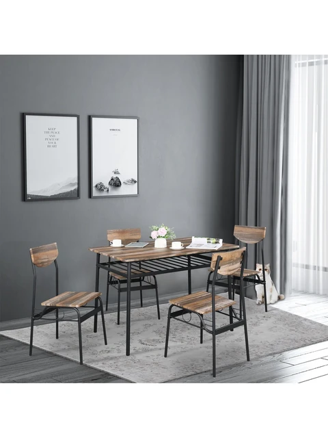 5-Piece Metal and Wood Indoor Modern Rectangular Dining Table Furnitur