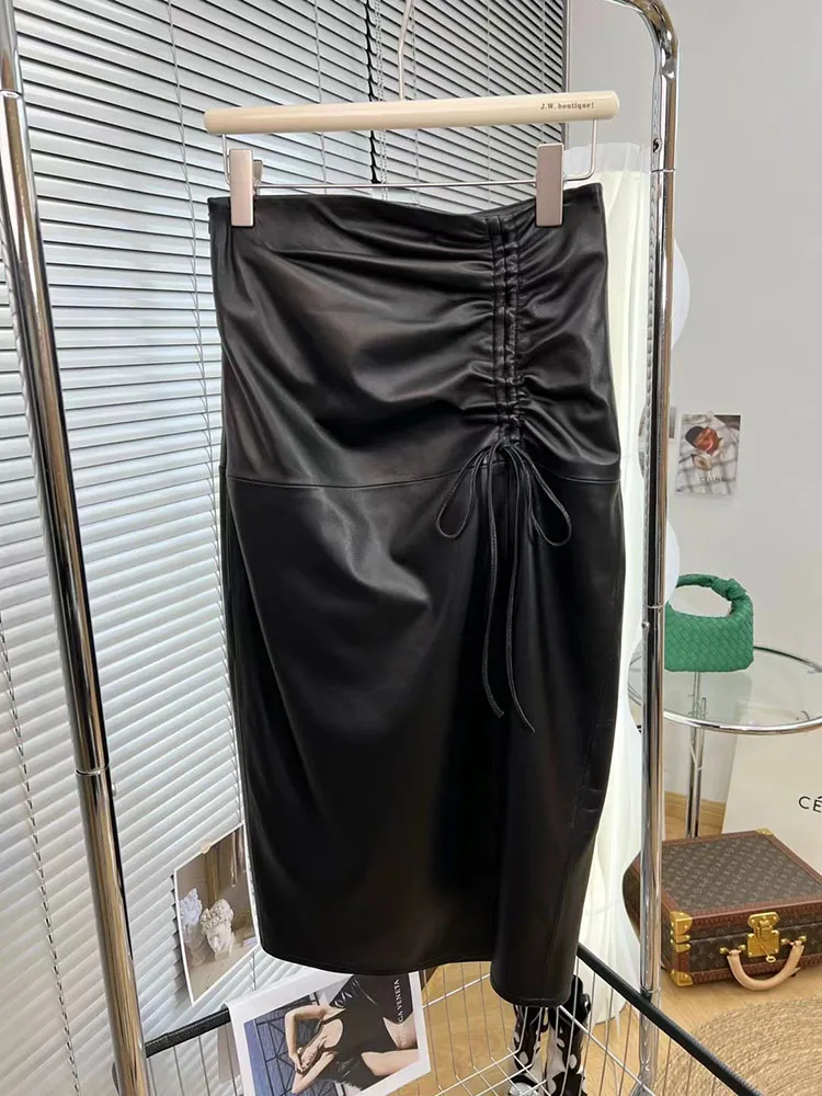 

Long Skirts For Women High Waist 2022 Korean Fashion Black Sheepskin Leather Skirt Women High Quality