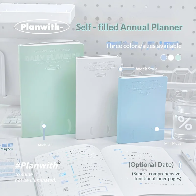 Planwith Undated Daily Planner - Premium A5 Notebook with 12 Monthly Plans, 53 Weekly Pages, Stickers, and Manual Organizer Journal