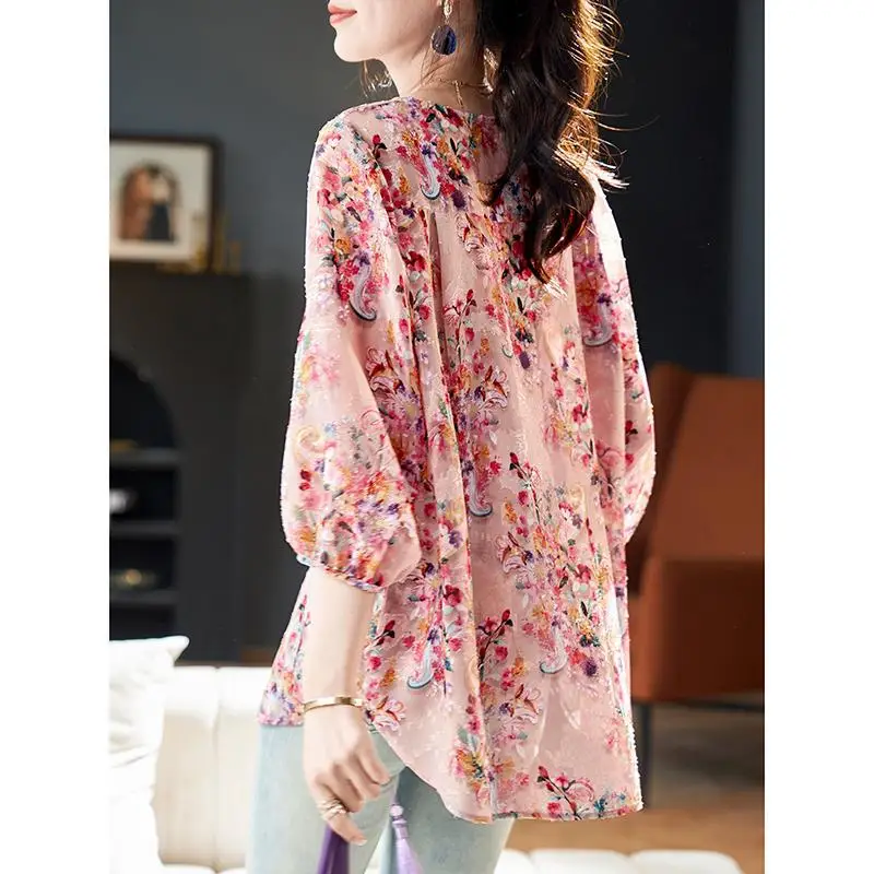 Spring Summer New Fashion V-neck Women's Clothing Casual All Match Blouses Printed Loose Print Female Clothes Y2K Women's Shirts