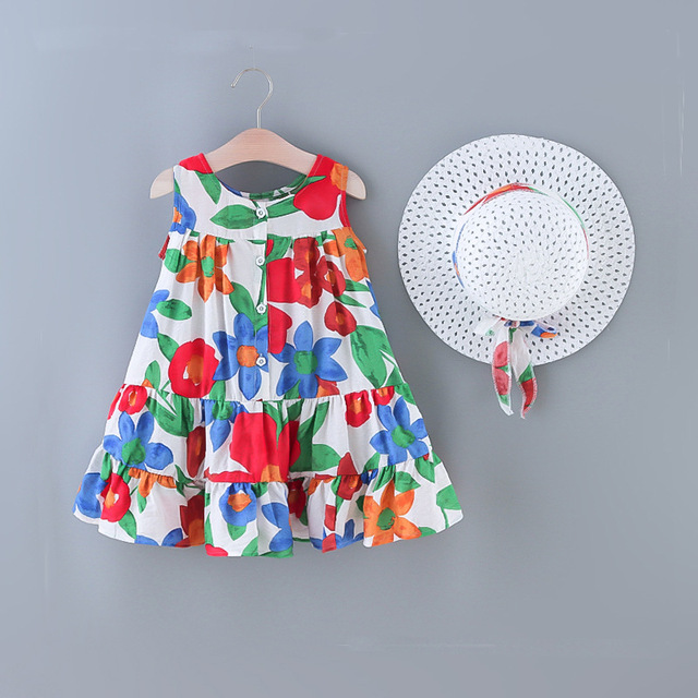 Years Old Send Hat Summer Big Flower Girls Dress Pure Cotton Princess Dresses For Girl Children Birthday Present Clothes