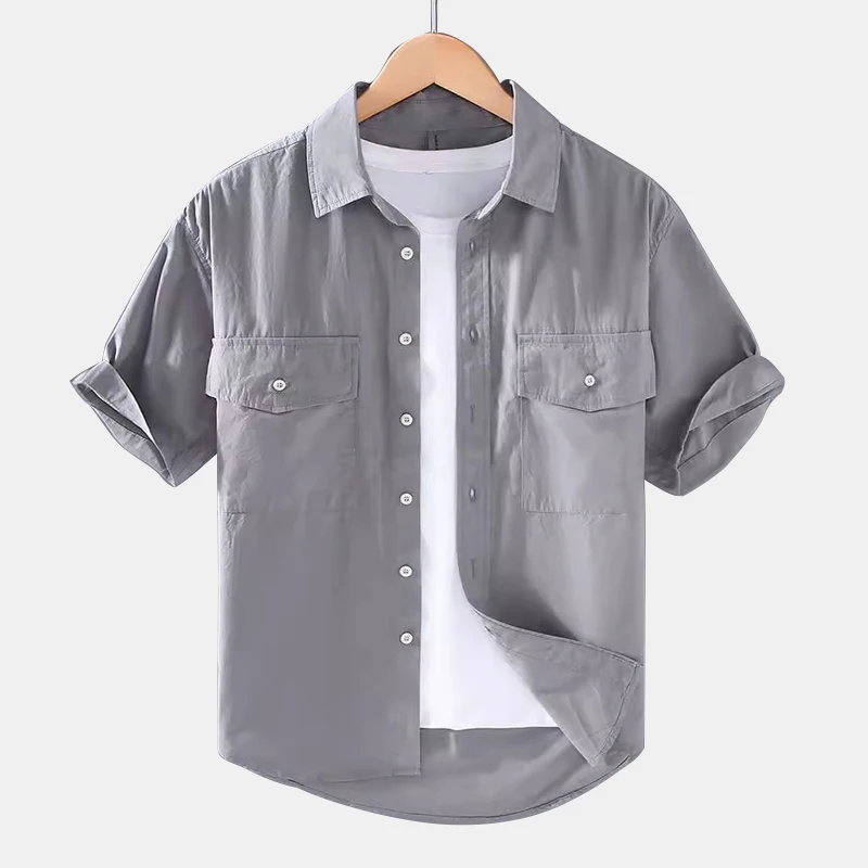 Мужская рубашка с коротким рукавом, голубая однотонная Повседневная рубашка в западном стиле, с застежкой на пуговицах, Стандартный крой, Осень-зима 2019