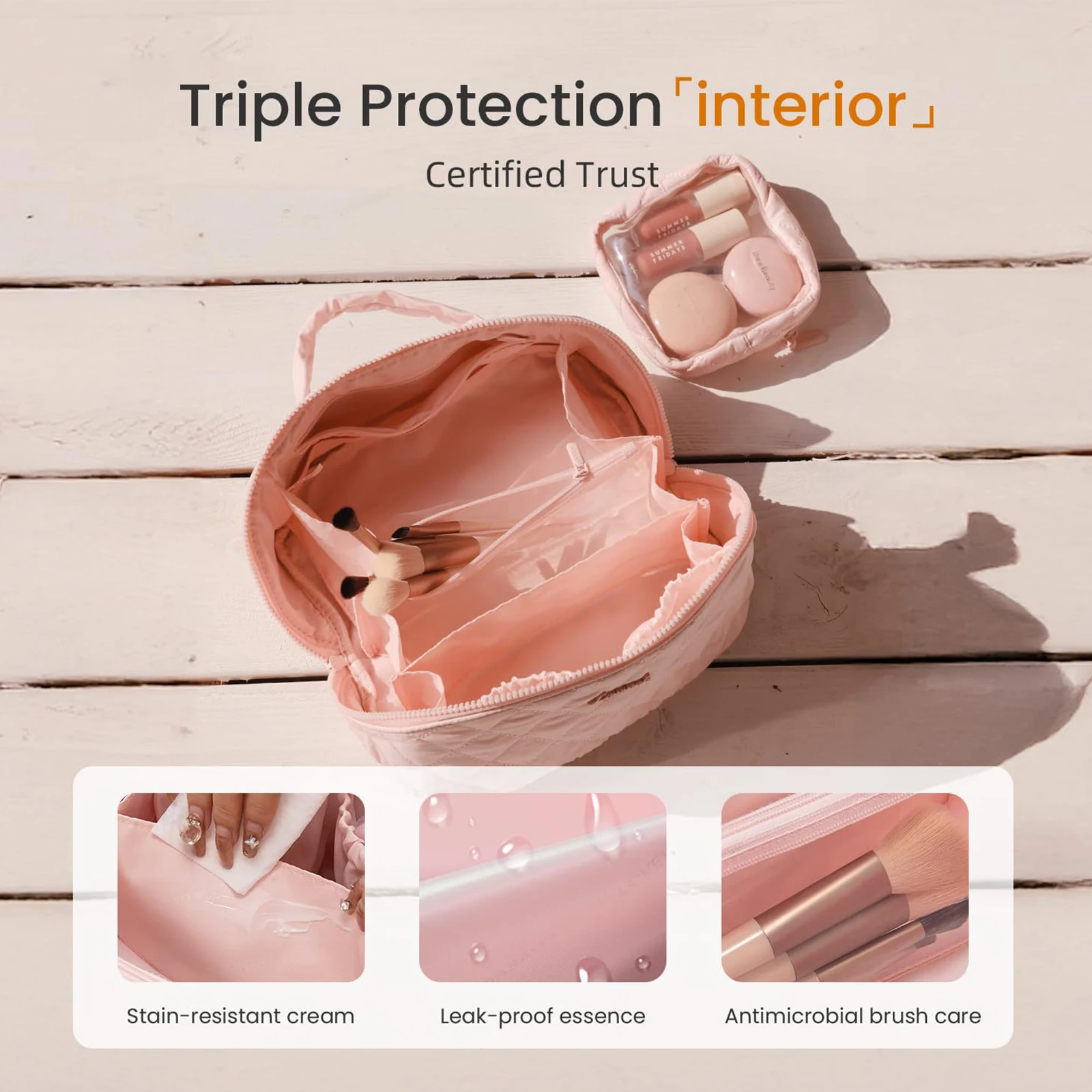 Cotton Travel Makeup Bag with 5 Dedicated Pockets Cosmetic Organizer with Handle for Women Toiletries Accessories Brushes