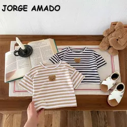 Korean Style New Summer Boys and Girls T-shirt Loose Cotton Teddy Bear Striped Short Sleeved Tee Casual Round Neck Base Top A606