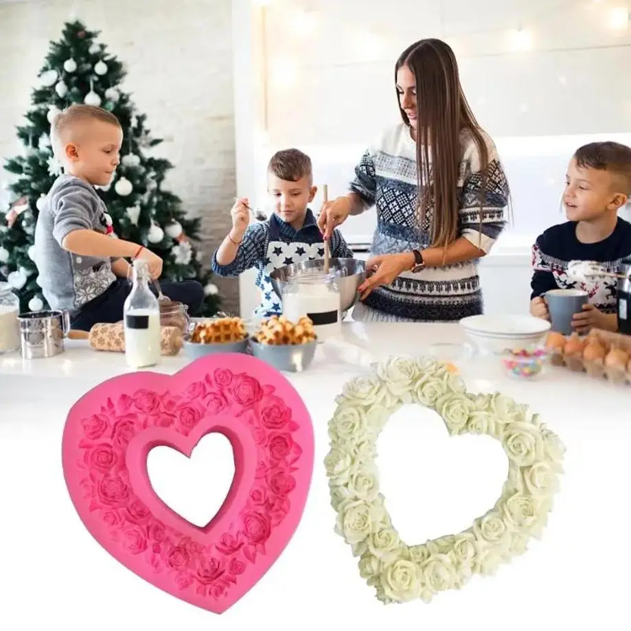1 Pcs Large Rose Heart Wreath Silicone Food Good Mold Big Heart Shaped Rose Silicone Mold Cake Decorating Tools Soap Cake Mould
