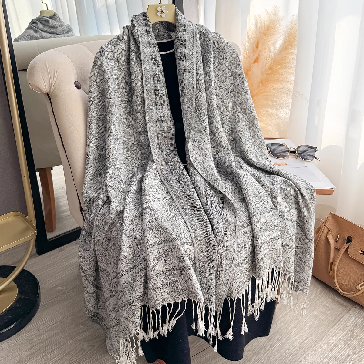 Women's Faux Cashmere Plaid Scarf - Thick Warm Tasseled Printed Pashmina Shawl Wrap, Winter Neckerchief