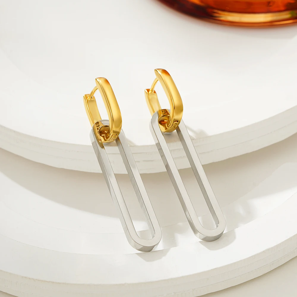 Punk Removable Long Geometric Square Dangle Earrings Gold Silver Color Minimalist Bilayer Link Chain Hoop Earring Goth Jewelry