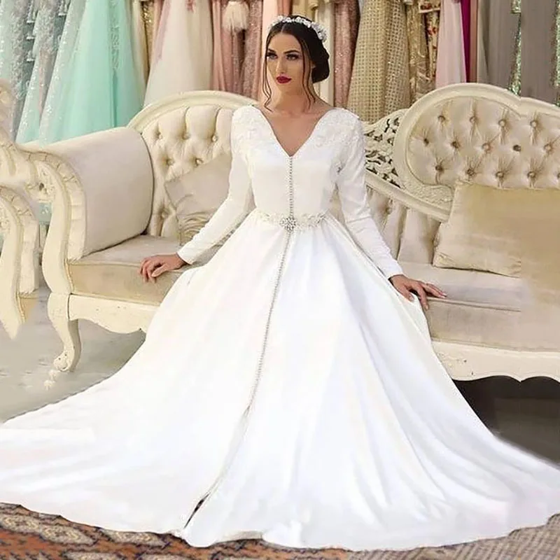 

White Satin Caftan Morocca Evening Dress Long Sleeves Appliques Button Islamic Dubai Saudi Arabic Evening Dress Abaya Prom Dress