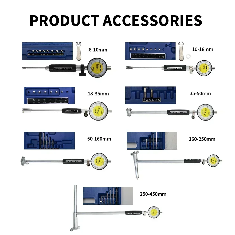 Dial Indicator Tools SHAHE 0.01 mm High Accuracy Dial Indicator Dial Bore Gauge 18-35/35-50/50-160 mm Bore Measurement