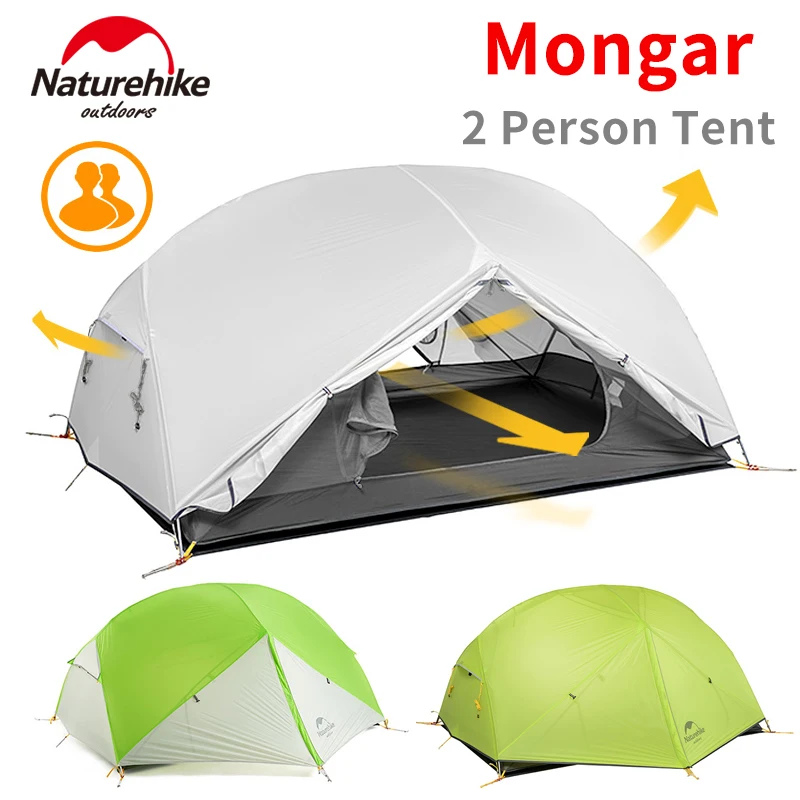 Camping Tent Portable Tent Naturehike Mongar 2 Ultralight Tent Waterproof Double Layer 20D Nylon Travel Camping Backpacking Hiking Tent 1-2 People with Mat