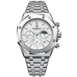 BINBOND Luxury Men's Stainless Steel Quartz Watch - Luminous Chronograph with Date Function (B0161 Silver)