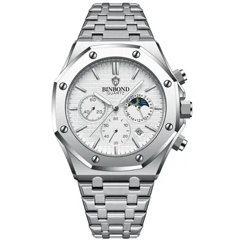 BINBOND Men's Stainless Steel Watch - Luminous, Date Calendar, Waterproof, Casual - Silver White
