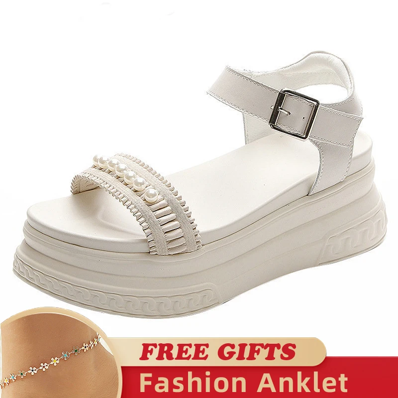 

Pearls Deco 7cm Platform Design Women Wedge Sandals Genuine Leather Buckle Women Breathable Slippers Summer Ladies Chunky Shoes