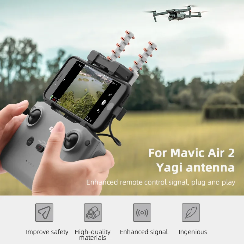 Lot de deux antennes Yagi 5.8GHz pour DJI Mavic Air 2, connectées au drone.