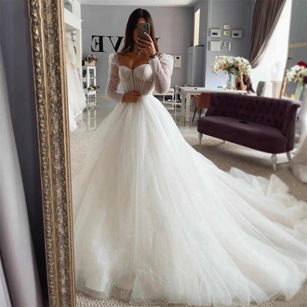 

Bohemian Women's Elegant Square Neck Wedding Dresses A-Line Princess Sparkling Long Sleeve Bridal Gowns Formal Beach Party Robe
