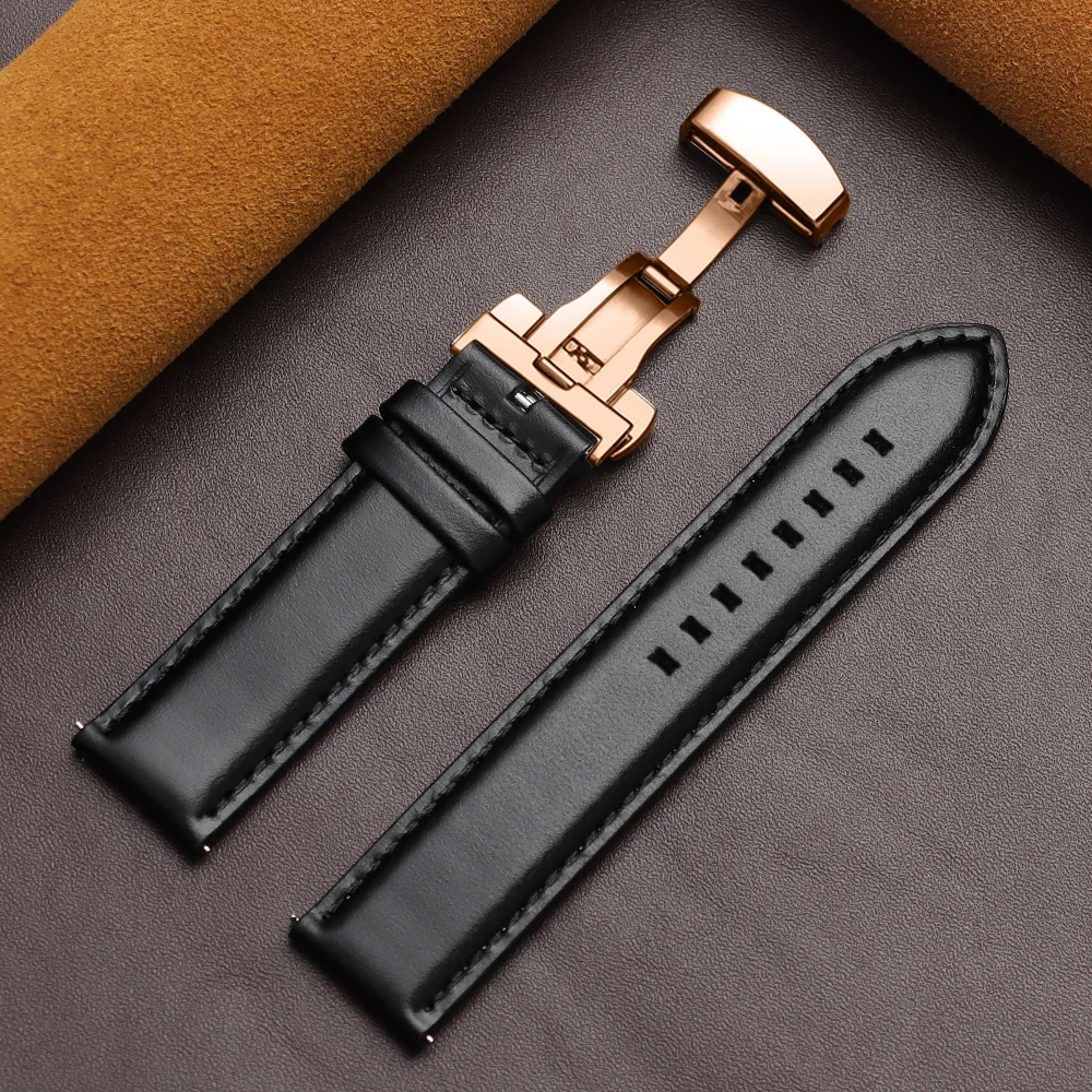 Luxurious Dark Brown Calfskin Leather Watchband with Butterfly Buckle