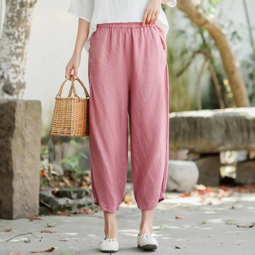 Women Linen Pants Ladies Elastic Waist Flax Pants Female Solid Color Embroidered Linen Trousers Summer Calf Length Pants FT91 denim capris