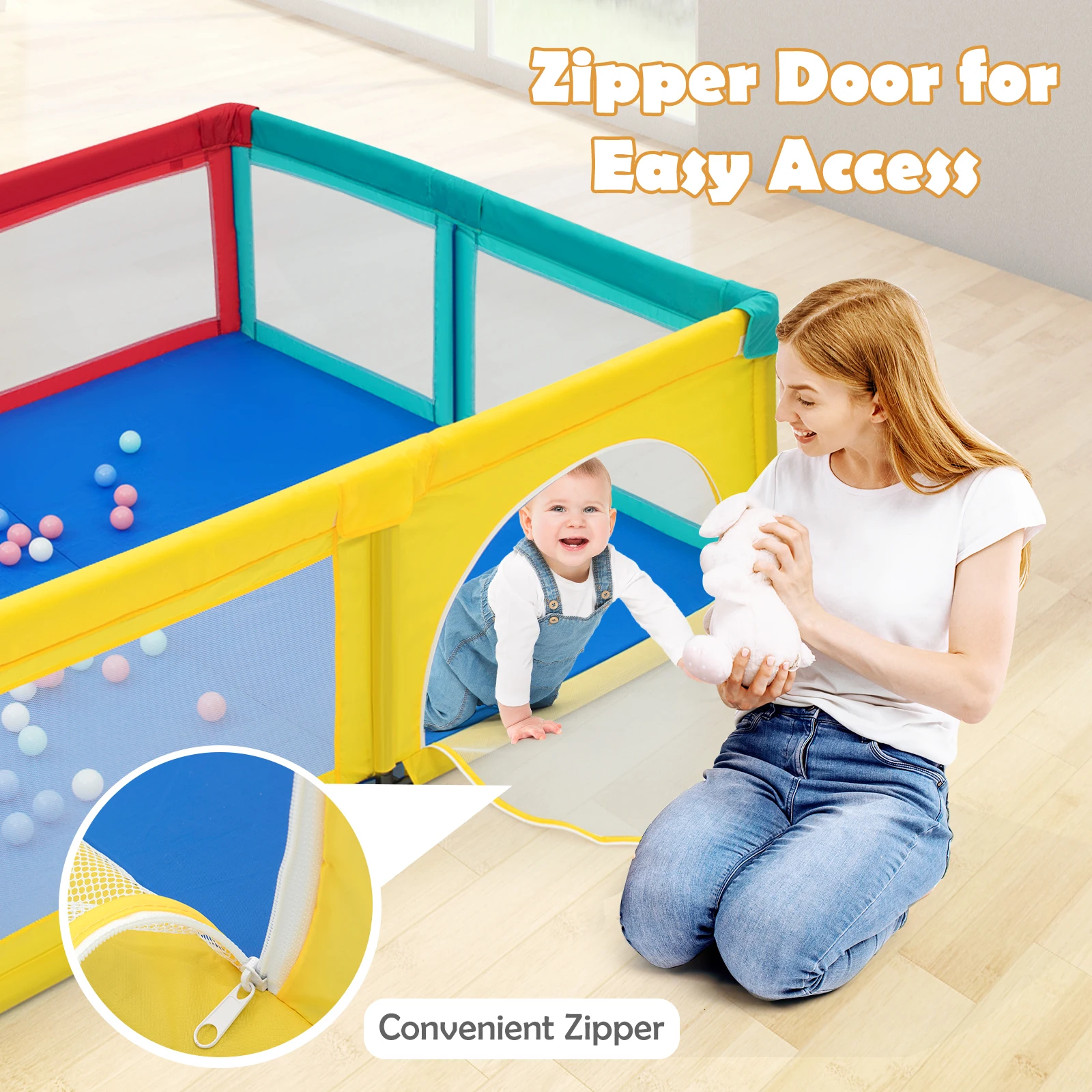 Extra Large Baby Playpen Safety Baby Play Yard w/50 Ocean Balls & 4 Handles 6